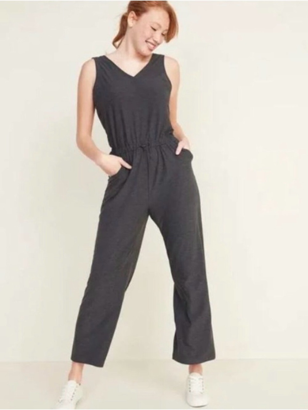 Old Navy Sleeveless Charcoal V-Neck Jumpsuit with Drawstring